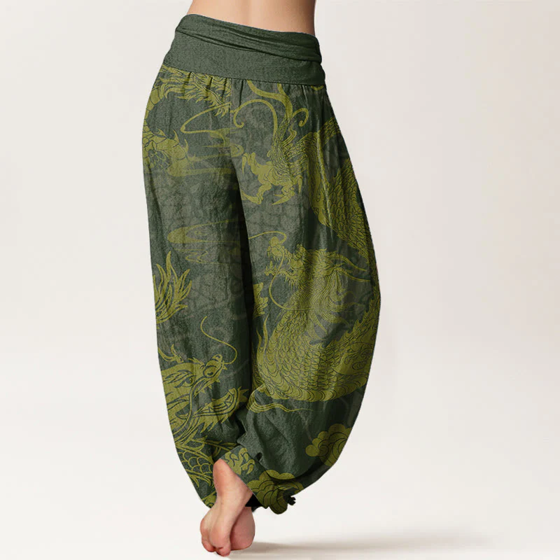 Pantaloni harem da donna con elastico in vita, in puro cotone, con Buddha Stones drago e nuvole di buon auspicio - Image 7