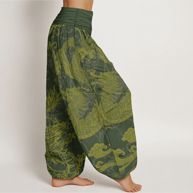 Pantaloni harem da donna con elastico in vita, in puro cotone, con Buddha Stones drago e nuvole di buon auspicio - Image 8