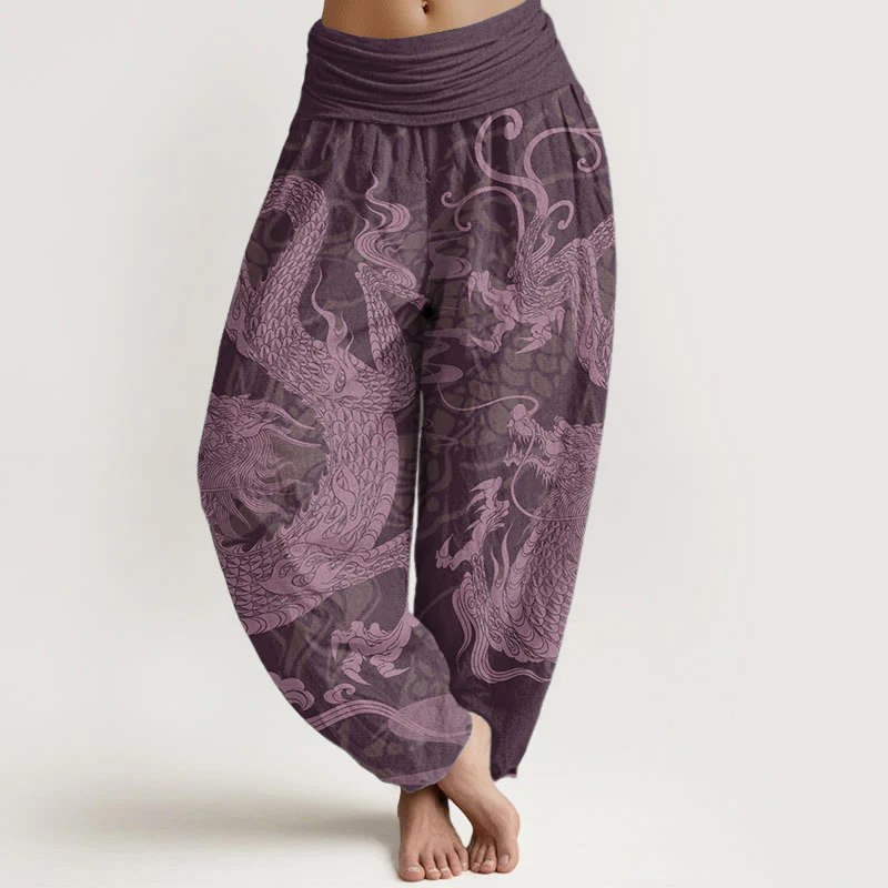 Pantaloni harem da donna con elastico in vita, in puro cotone, con Buddha Stones drago e nuvole di buon auspicio - Image 9