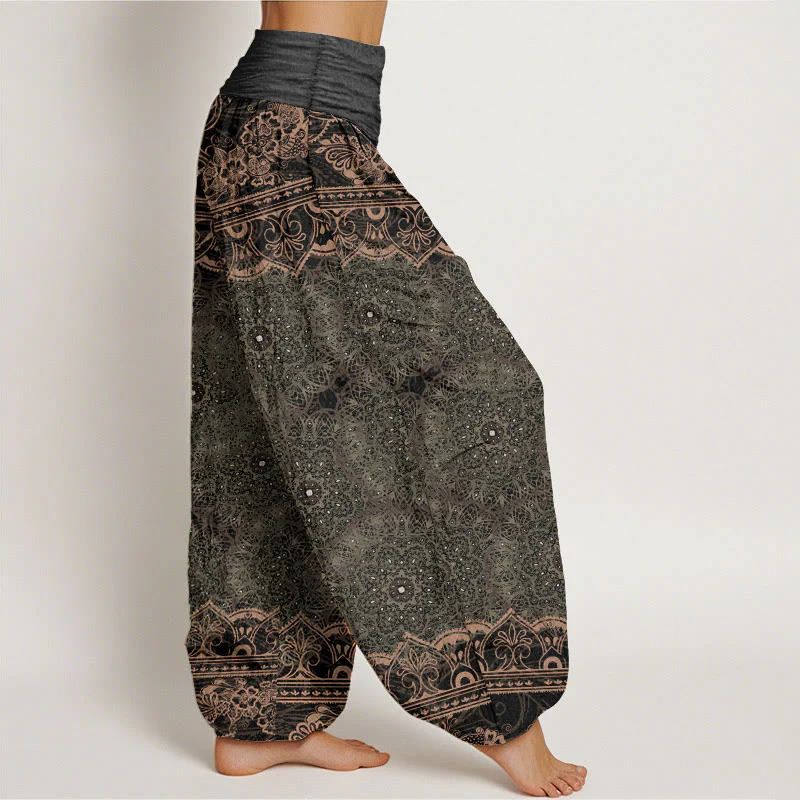 Pantaloni harem da donna con elastico in vita, in puro cotone, con eleganti fiori mandala e pietre Buddha Stones - Image 12