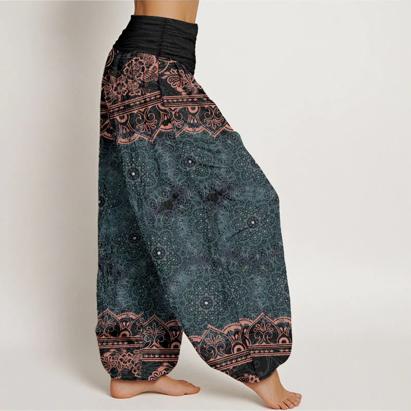Pantaloni harem da donna con elastico in vita, in puro cotone, con eleganti fiori mandala e pietre Buddha Stones - Image 3