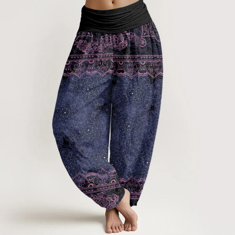 Pantaloni harem da donna con elastico in vita, in puro cotone, con eleganti fiori mandala e pietre Buddha Stones - Image 7