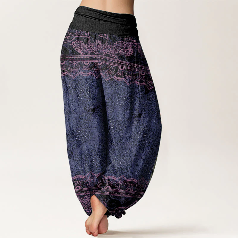 Pantaloni harem da donna con elastico in vita, in puro cotone, con eleganti fiori mandala e pietre Buddha Stones - Image 8