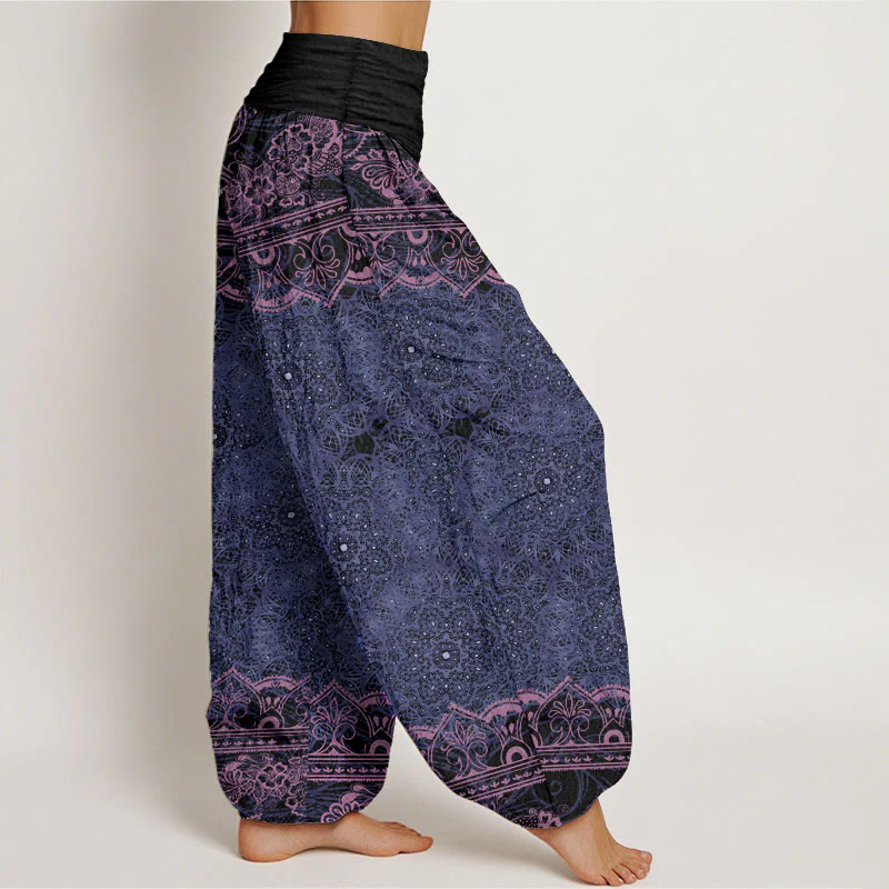 Pantaloni harem da donna con elastico in vita, in puro cotone, con eleganti fiori mandala e pietre Buddha Stones - Image 9