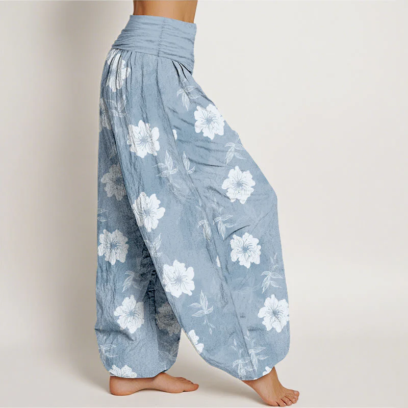 Pantaloni harem da donna con elastico in vita, in puro cotone, con fiori bianchi e pietre Buddha Stones - Image 3