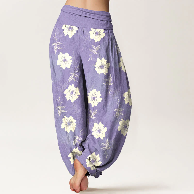 Pantaloni harem da donna con elastico in vita, in puro cotone, con fiori bianchi e pietre Buddha Stones - Image 7