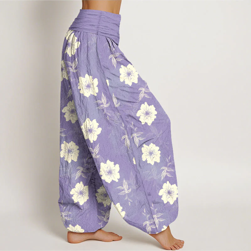 Pantaloni harem da donna con elastico in vita, in puro cotone, con fiori bianchi e pietre Buddha Stones - Image 8