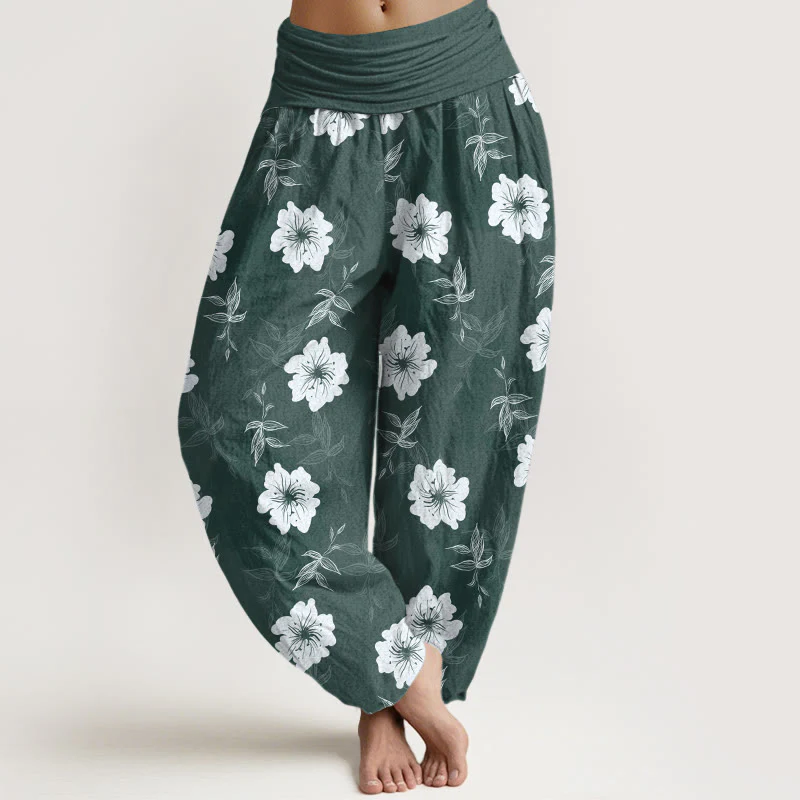 Pantaloni harem da donna con elastico in vita, in puro cotone, con fiori bianchi e pietre Buddha Stones - Image 9