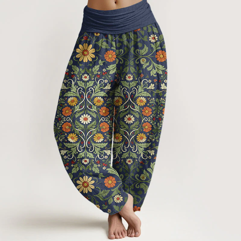 Pantaloni harem da donna con elastico in vita, in puro cotone, con fiori colorati Buddha Stones