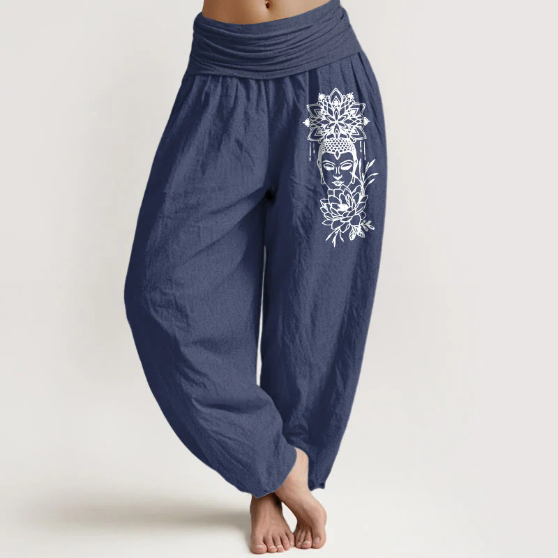 Pantaloni harem da donna con elastico in vita, in puro cotone, con immagine Buddha Stones e motivo di loto