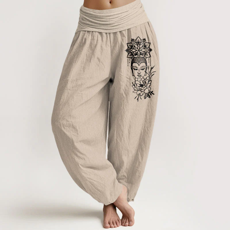 Pantaloni harem da donna con elastico in vita, in puro cotone, con immagine Buddha Stones e motivo di loto - Image 12