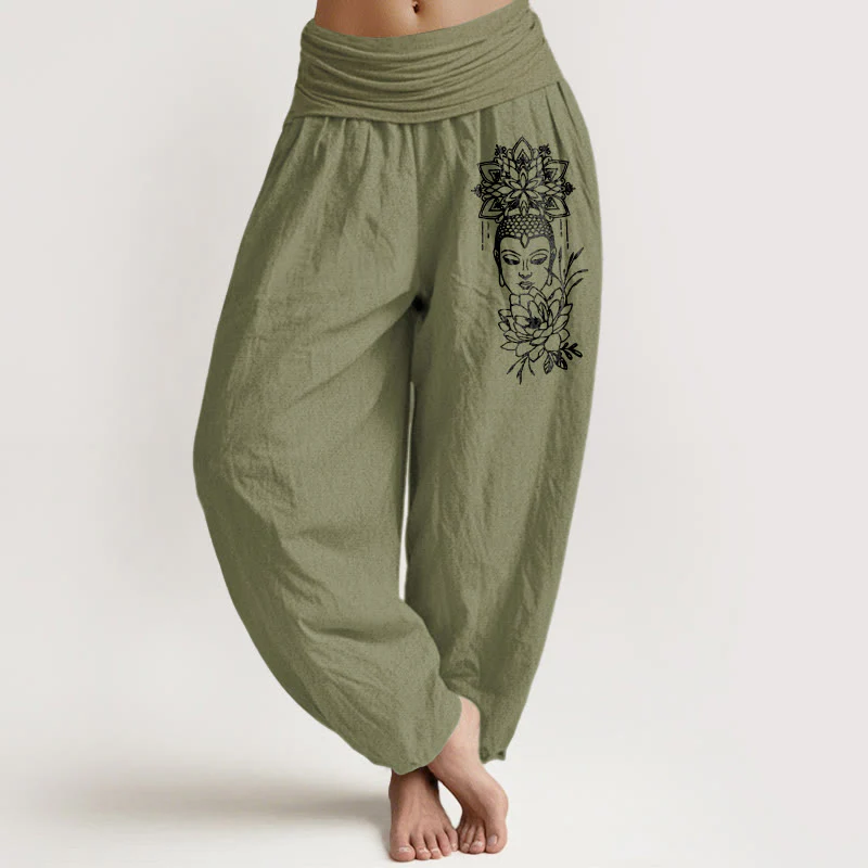 Pantaloni harem da donna con elastico in vita, in puro cotone, con immagine Buddha Stones e motivo di loto - Image 15