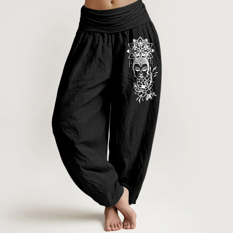 Pantaloni harem da donna con elastico in vita, in puro cotone, con immagine Buddha Stones e motivo di loto - Image 6