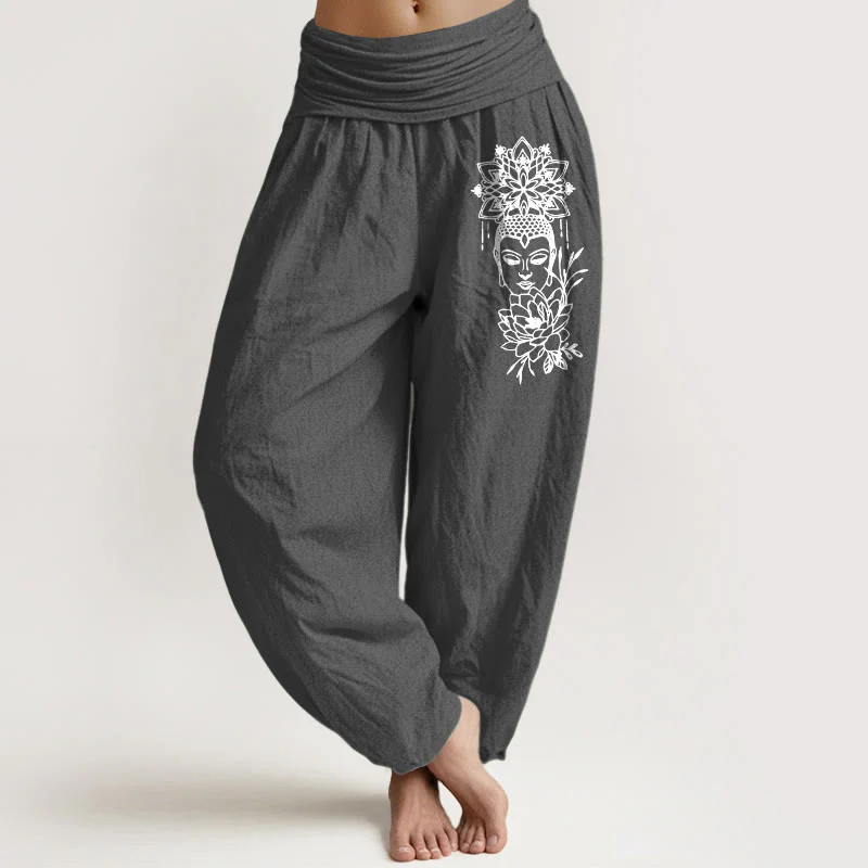 Pantaloni harem da donna con elastico in vita, in puro cotone, con immagine Buddha Stones e motivo di loto - Image 9