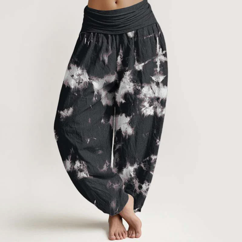 Pantaloni harem da donna con elastico in vita, in puro cotone, con linee bianche e pois, motivo tie-dye, Buddha Stones