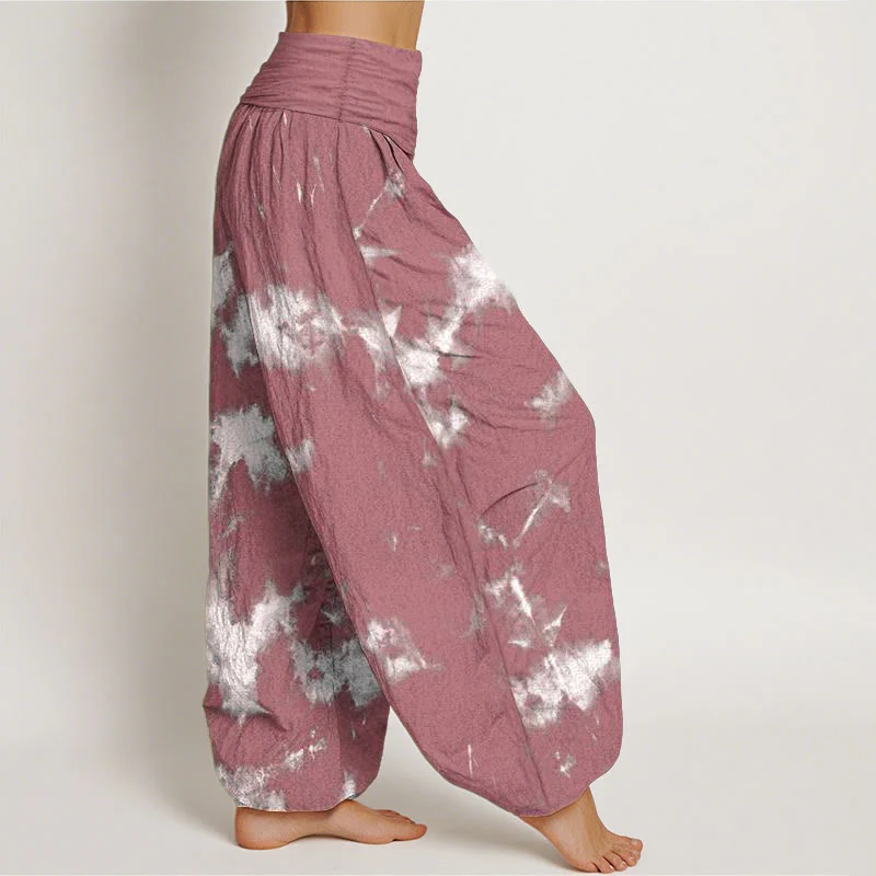 Pantaloni harem da donna con elastico in vita, in puro cotone, con linee bianche e pois, motivo tie-dye, Buddha Stones - Image 10