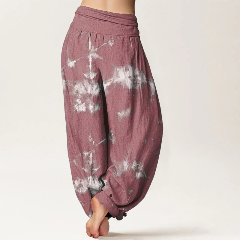 Pantaloni harem da donna con elastico in vita, in puro cotone, con linee bianche e pois, motivo tie-dye, Buddha Stones - Image 11