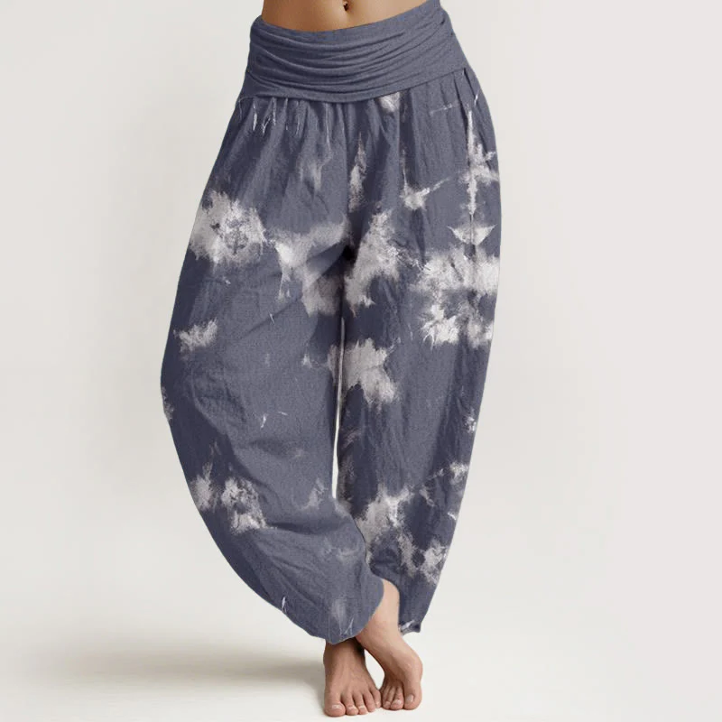 Pantaloni harem da donna con elastico in vita, in puro cotone, con linee bianche e pois, motivo tie-dye, Buddha Stones - Image 6