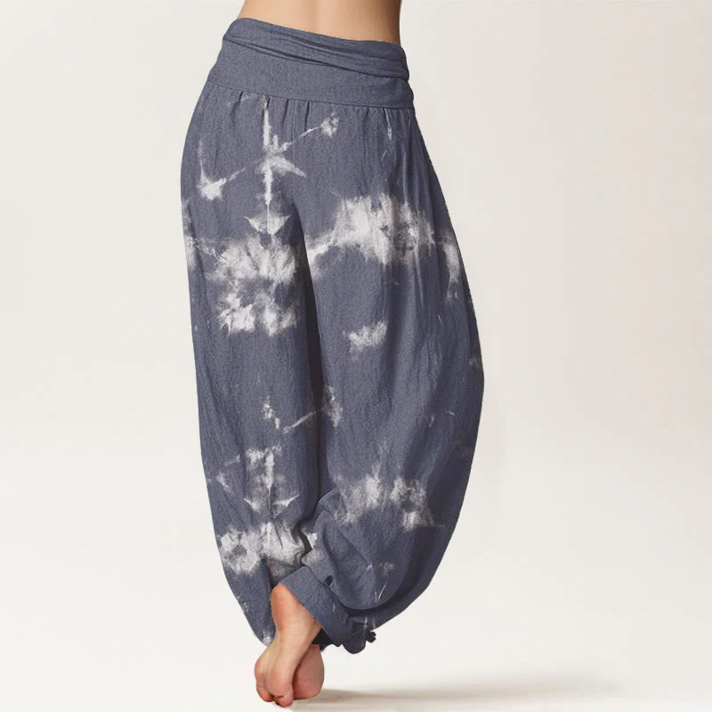 Pantaloni harem da donna con elastico in vita, in puro cotone, con linee bianche e pois, motivo tie-dye, Buddha Stones - Image 8