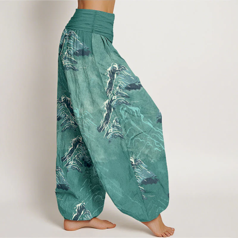 Pantaloni harem da donna con elastico in vita, in puro cotone, con montagne verde smeraldo vivaci, Buddha Stones - Image 11