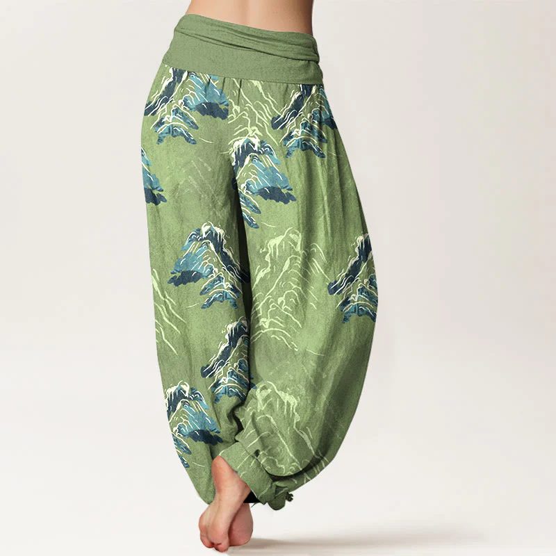 Pantaloni harem da donna con elastico in vita, in puro cotone, con montagne verde smeraldo vivaci, Buddha Stones - Image 7