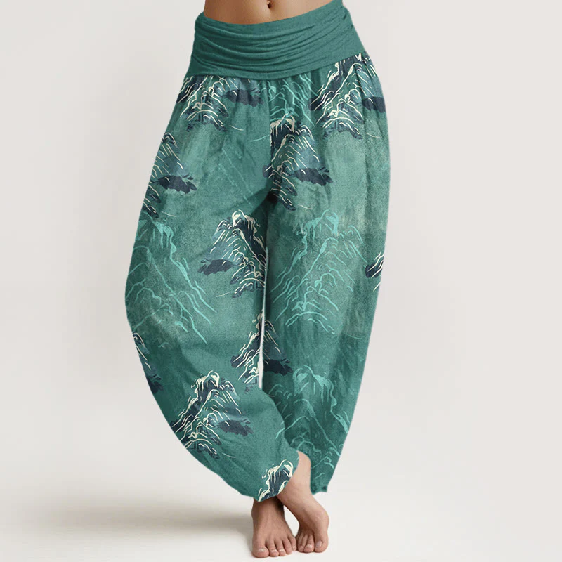 Pantaloni harem da donna con elastico in vita, in puro cotone, con montagne verde smeraldo vivaci, Buddha Stones - Image 9