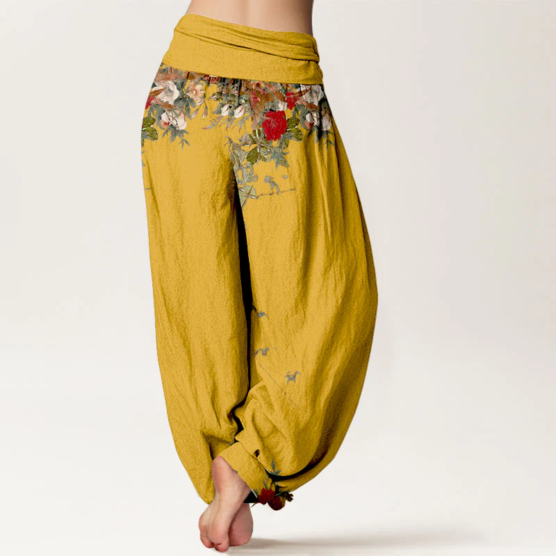 Pantaloni harem da donna con elastico in vita, in puro cotone, con motivi di foglie e fiori colorati, motivo Buddha Stones - Image 2