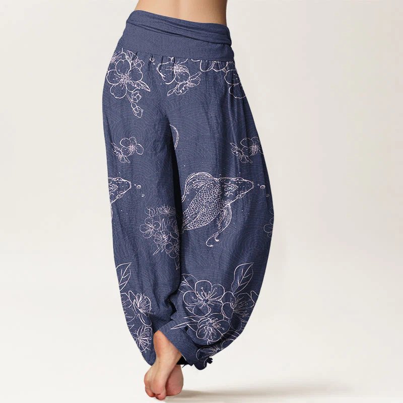 Pantaloni harem da donna con elastico in vita, in puro cotone, con motivi floreali e pesci koi, motivo Buddha Stones - Image 2
