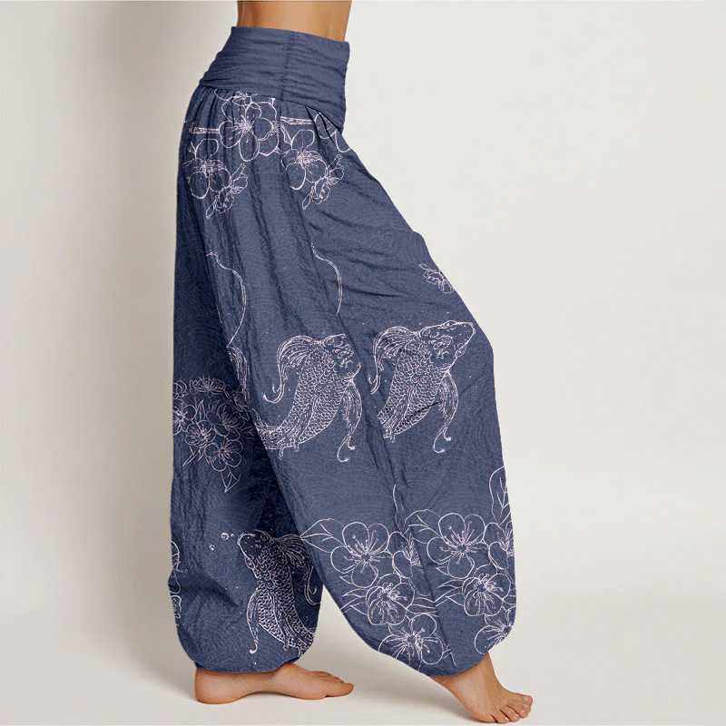 Pantaloni harem da donna con elastico in vita, in puro cotone, con motivi floreali e pesci koi, motivo Buddha Stones - Image 3