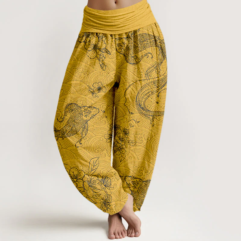Pantaloni harem da donna con elastico in vita, in puro cotone, con motivi floreali e pesci koi, motivo Buddha Stones - Image 6