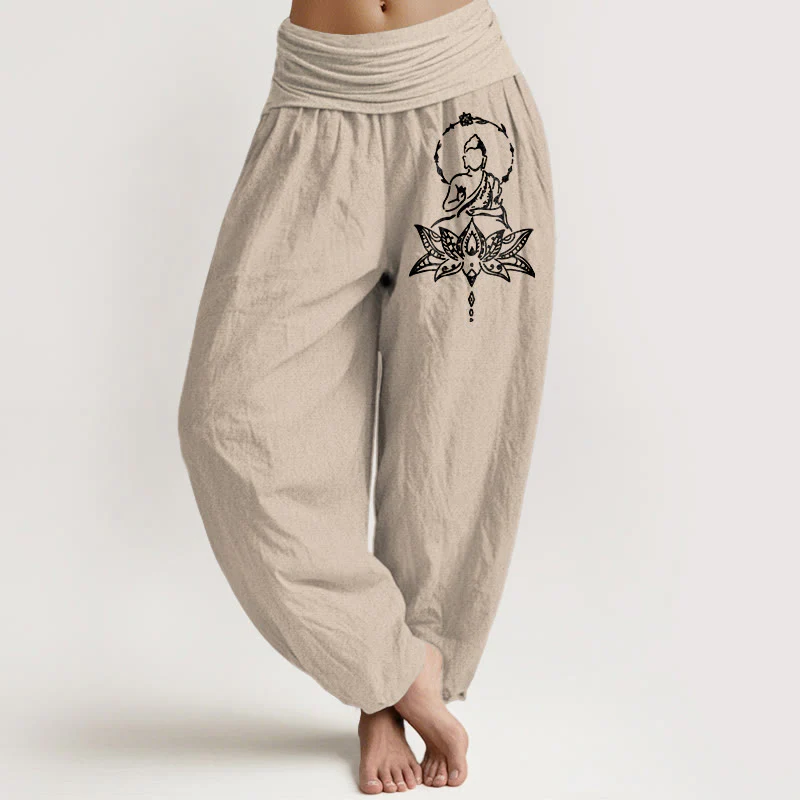 Pantaloni harem da donna con elastico in vita, in puro cotone, con motivo a Buddha Lotus Buddha Stones - Image 12