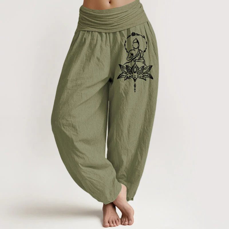 Pantaloni harem da donna con elastico in vita, in puro cotone, con motivo a Buddha Lotus Buddha Stones - Image 15