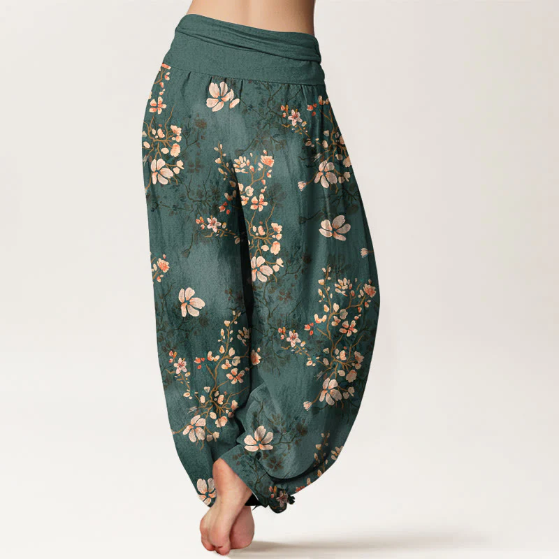Pantaloni harem da donna con elastico in vita in puro cotone con motivo a fiori di ciliegio Buddha Stones - Image 10
