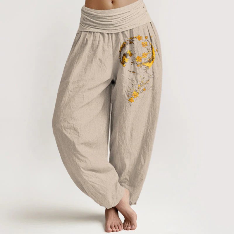Pantaloni harem da donna con elastico in vita, in puro cotone, con motivo a fiori di luna e viticcio, dai colori vivaci - Image 12