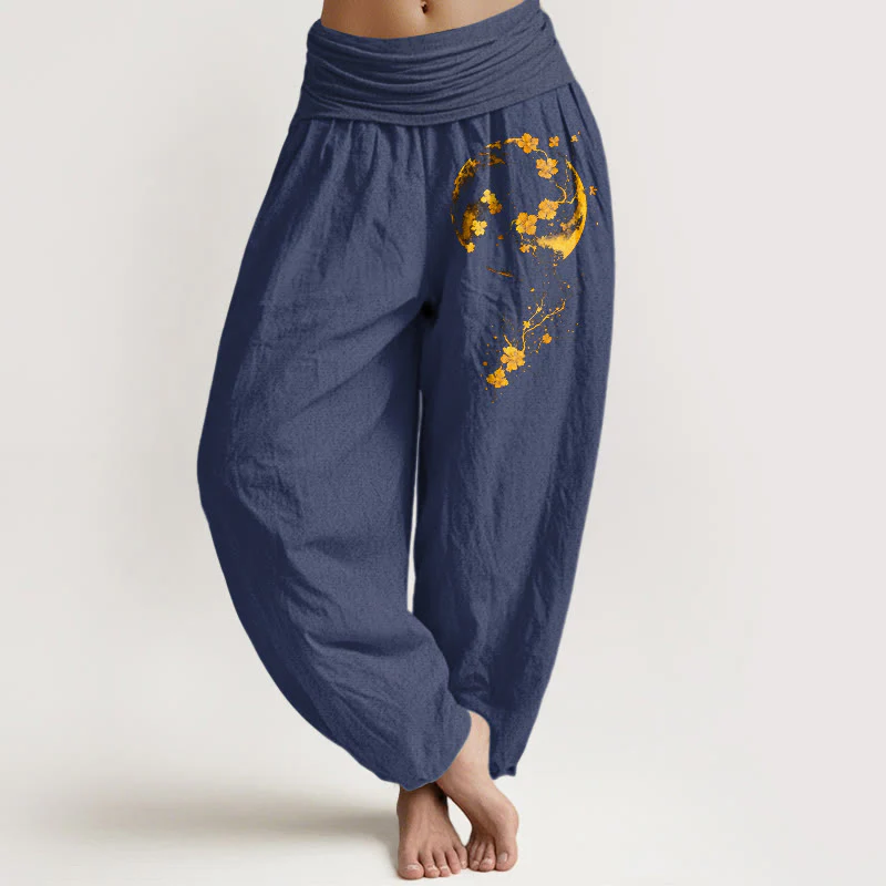 Pantaloni harem da donna con elastico in vita, in puro cotone, con motivo a fiori di luna e viticcio, dai colori vivaci - Image 6