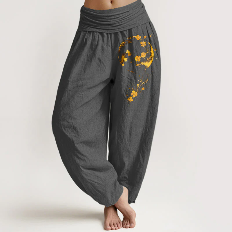 Pantaloni harem da donna con elastico in vita, in puro cotone, con motivo a fiori di luna e viticcio, dai colori vivaci - Image 9