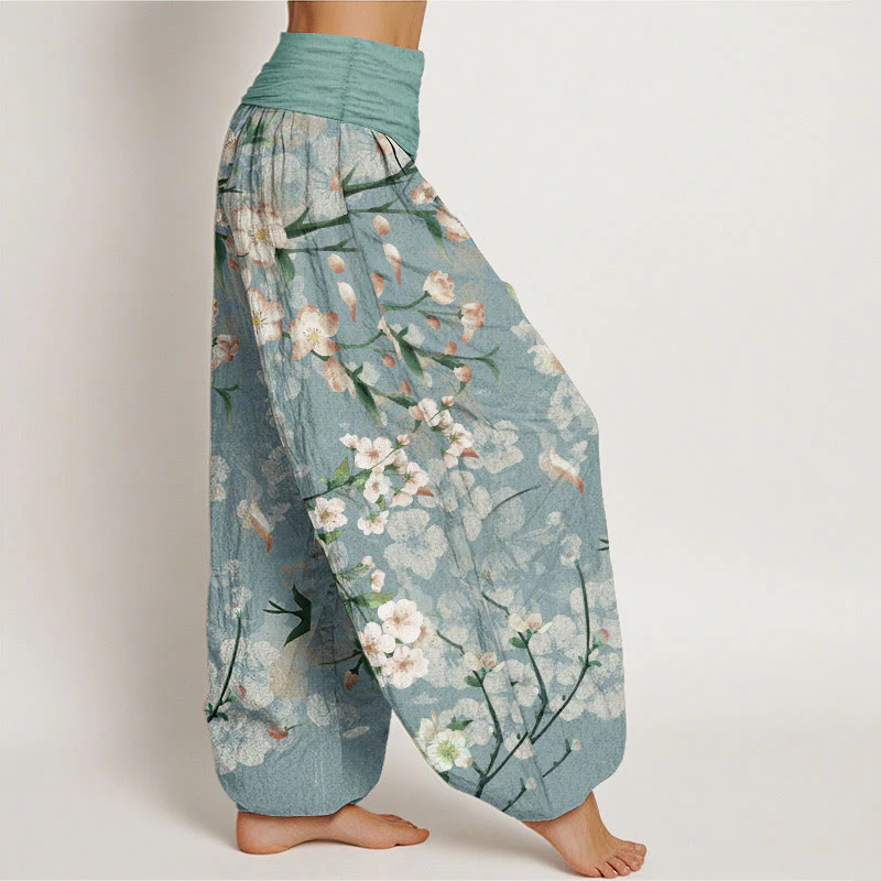 Pantaloni harem da donna con elastico in vita, in puro cotone, con motivo a fiori di pesco e oche volanti, motivo Buddha Stones - Image 3
