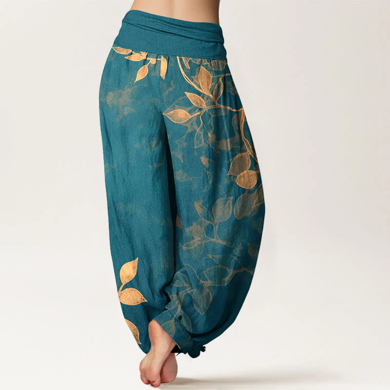 Pantaloni harem da donna con elastico in vita, in puro cotone, con motivo a foglie dai colori tenui , Buddha Stones - Image 10