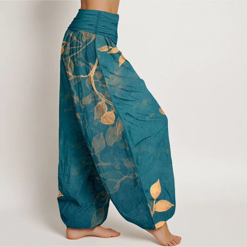 Pantaloni harem da donna con elastico in vita, in puro cotone, con motivo a foglie dai colori tenui , Buddha Stones - Image 11