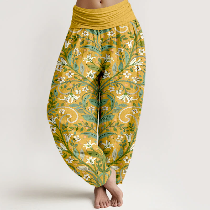 Pantaloni harem da donna con elastico in vita, in puro cotone, con motivo a foglie di giglio e petali, modello Buddha Stones