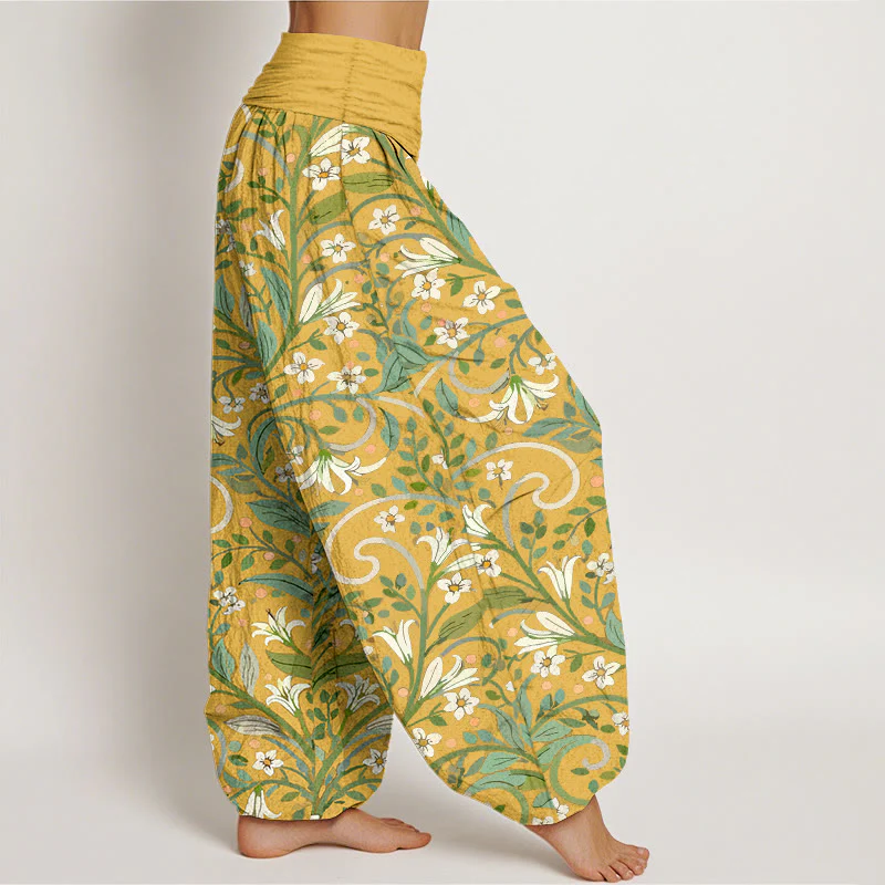 Pantaloni harem da donna con elastico in vita, in puro cotone, con motivo a foglie di giglio e petali, modello Buddha Stones - Image 3