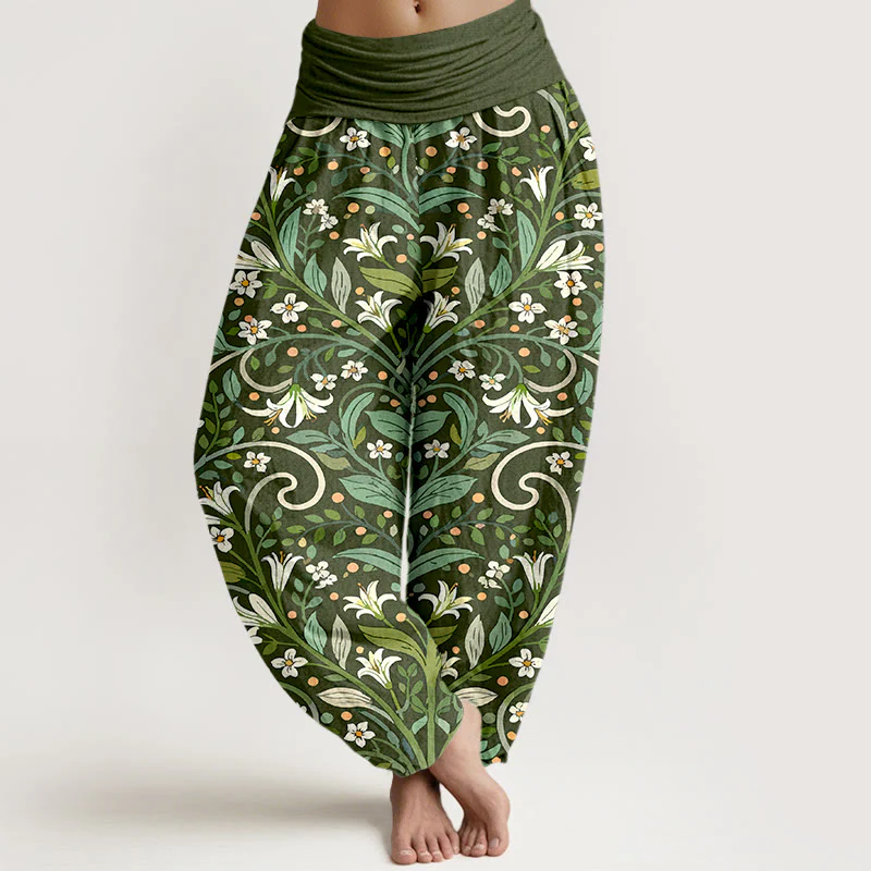 Pantaloni harem da donna con elastico in vita, in puro cotone, con motivo a foglie di giglio e petali, modello Buddha Stones - Image 6