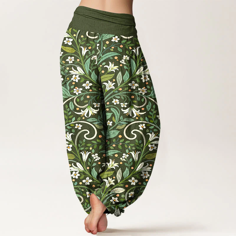 Pantaloni harem da donna con elastico in vita, in puro cotone, con motivo a foglie di giglio e petali, modello Buddha Stones - Image 7