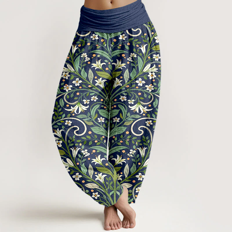 Pantaloni harem da donna con elastico in vita, in puro cotone, con motivo a foglie di giglio e petali, modello Buddha Stones - Image 9