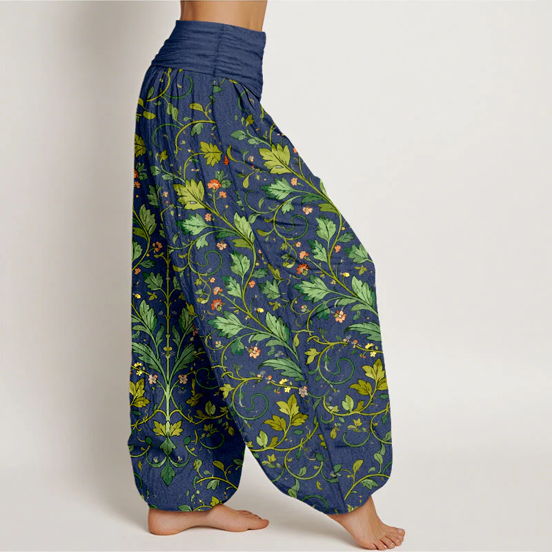 Pantaloni harem da donna con elastico in vita, in puro cotone, con motivo a foglie simmetriche classiche, motivo Buddha Stones - Image 3