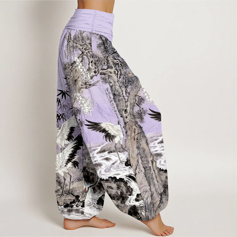 Pantaloni harem da donna con elastico in vita, in puro cotone, con motivo a gru coronata rossa, motivo Buddha Stones - Image 11