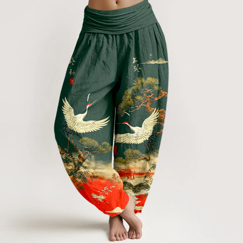 Pantaloni harem da donna con elastico in vita, in puro cotone, con motivo a gru e pino, modello Buddha Stones