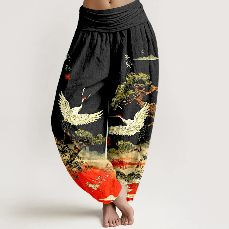 Pantaloni harem da donna con elastico in vita, in puro cotone, con motivo a gru e pino, modello Buddha Stones - Image 6