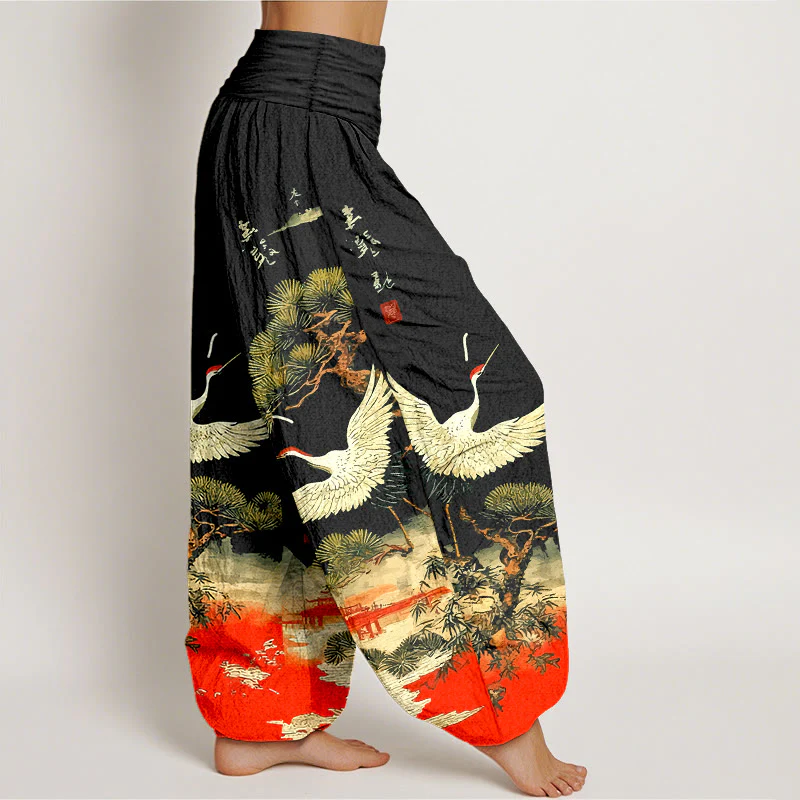 Pantaloni harem da donna con elastico in vita, in puro cotone, con motivo a gru e pino, modello Buddha Stones - Image 8