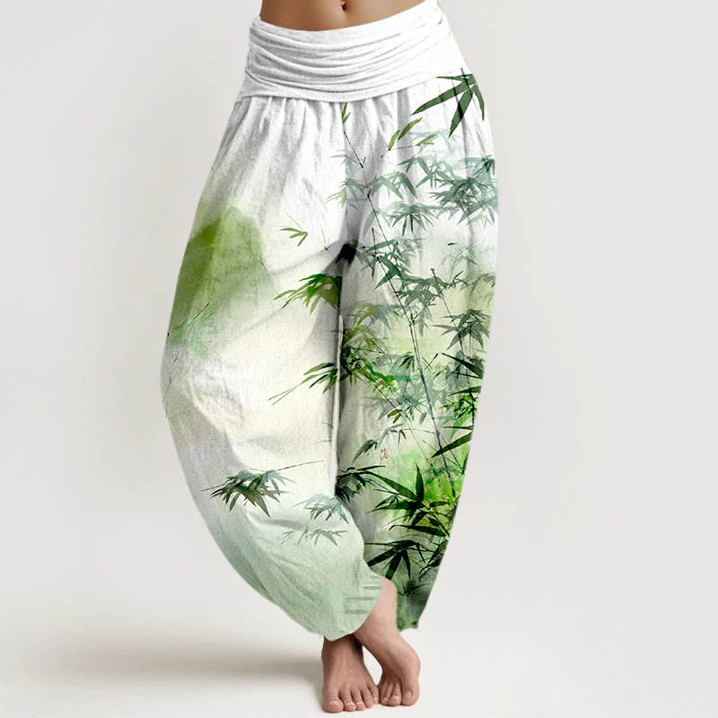 Pantaloni harem da donna con elastico in vita, in puro cotone, con motivo a montagne e foglie di bambù, motivo Buddha Stones